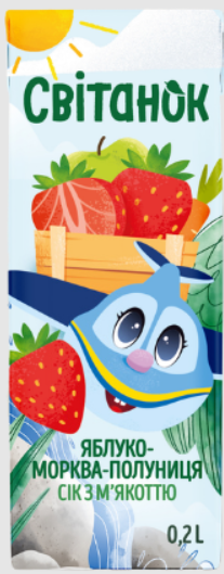 Яблучно морквяно-полуничний сік з м’якоттю гомогенізований стерилізований Світанок картонна пляшка 0.2 л